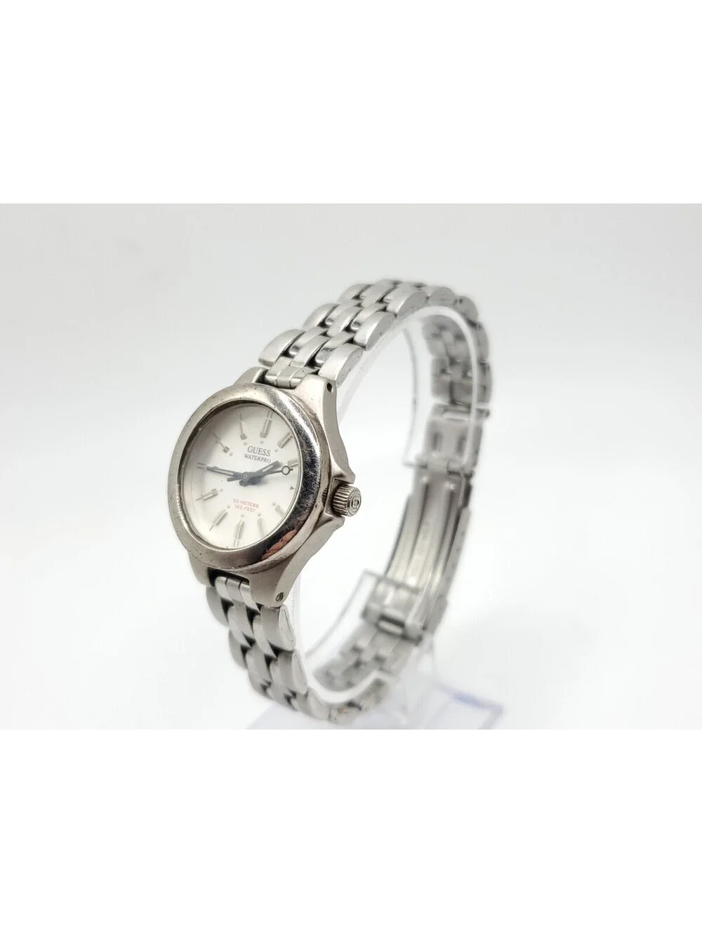 Guess Waterpro Quartz Watch Womens New Battery Silver Tone White Date Dial 25mm